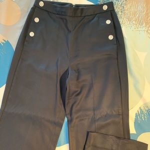 High-waisted, sailor-style slacks, navy blue